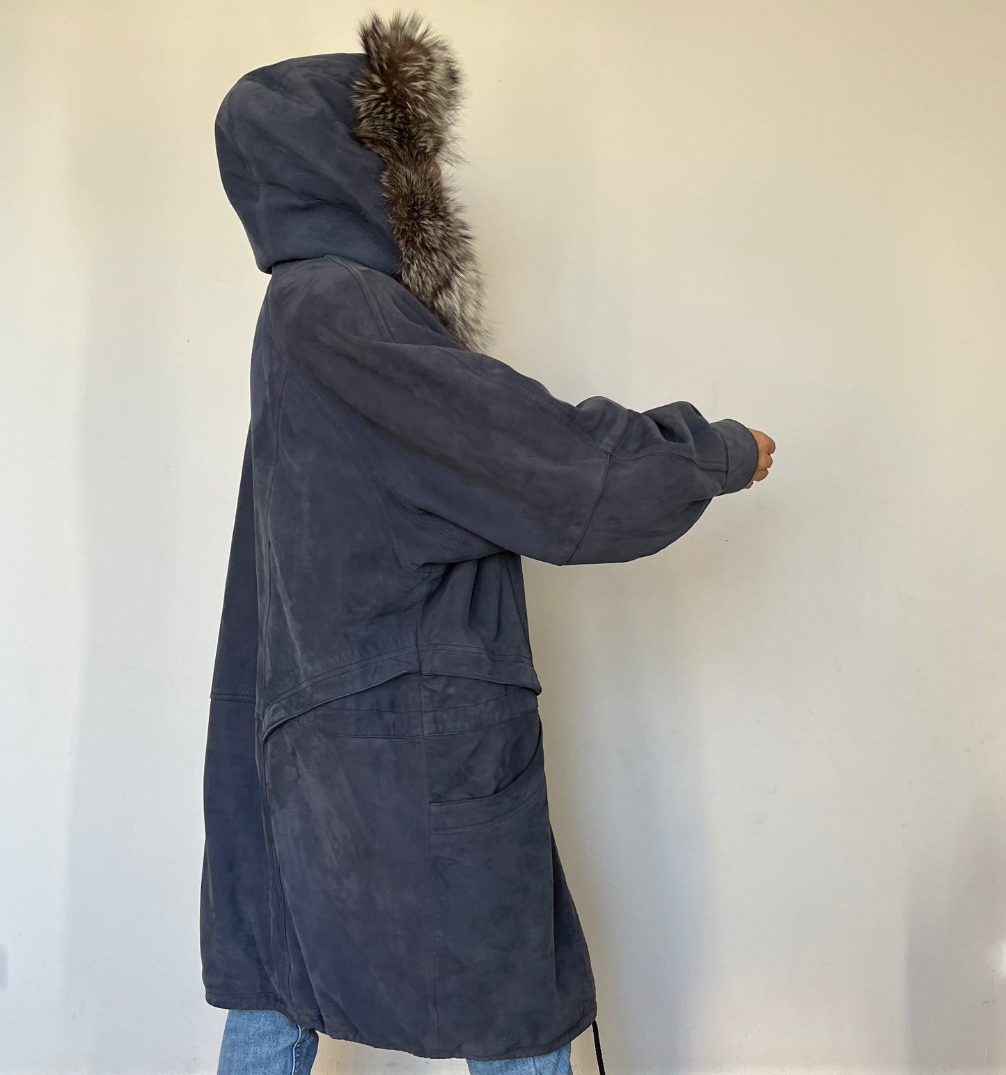 Vintage Blue Suede leather hooded jacket