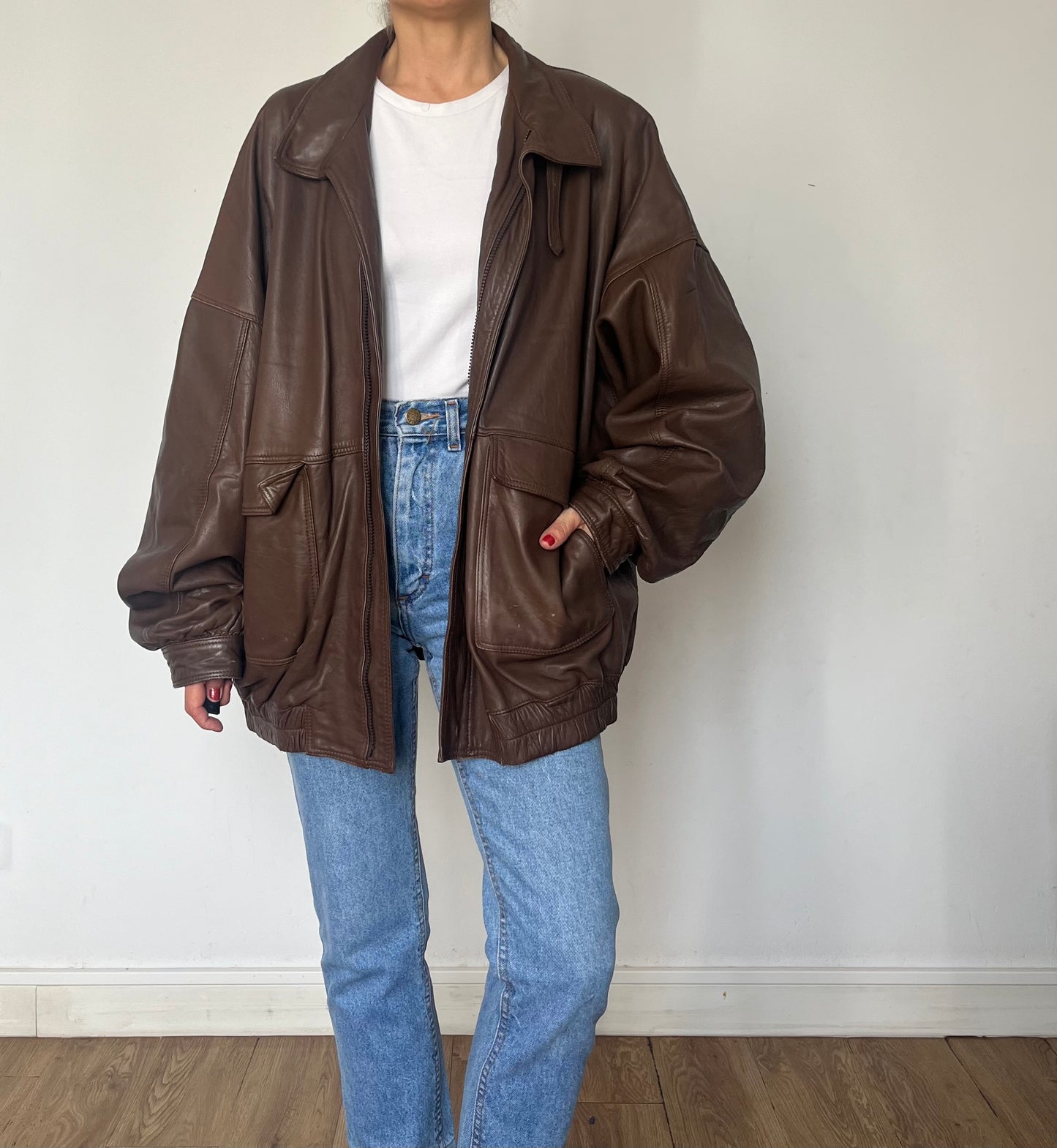 Vintage Brown Leather Bomber Jacket