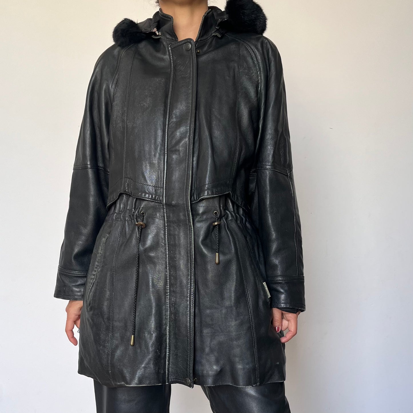 Vintage black leather hooded jacket