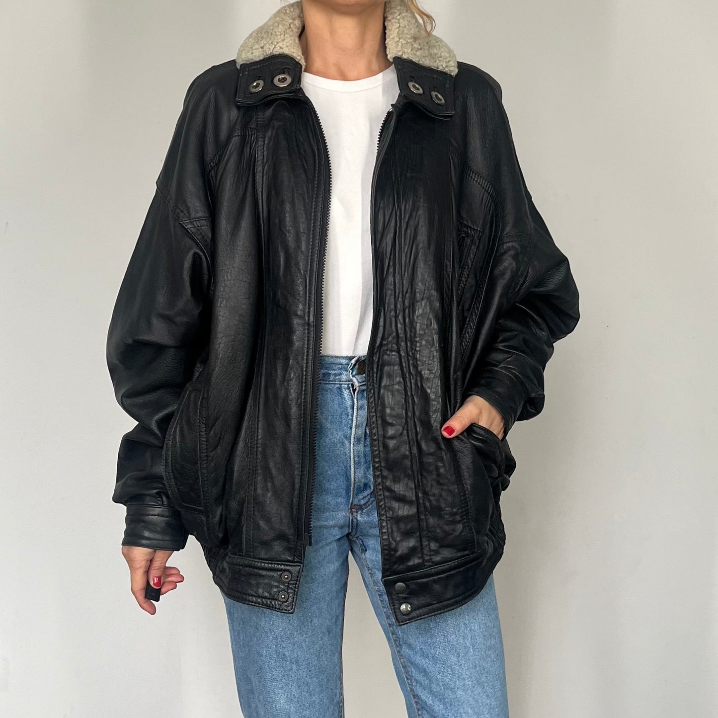 Vintage Bomber sherpa black leather jacket
