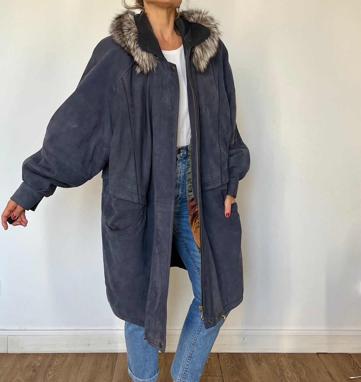 Vintage Blue Suede leather hooded jacket