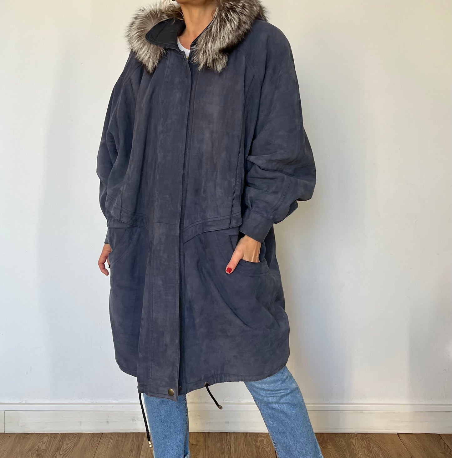 Vintage Blue Suede leather hooded jacket