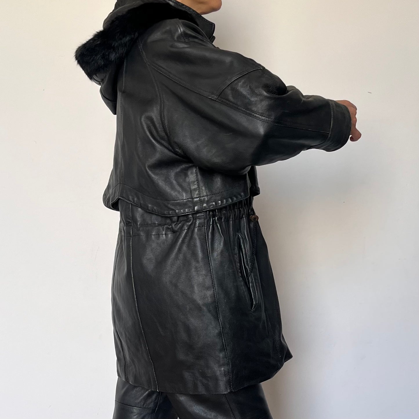 Vintage black leather hooded jacket