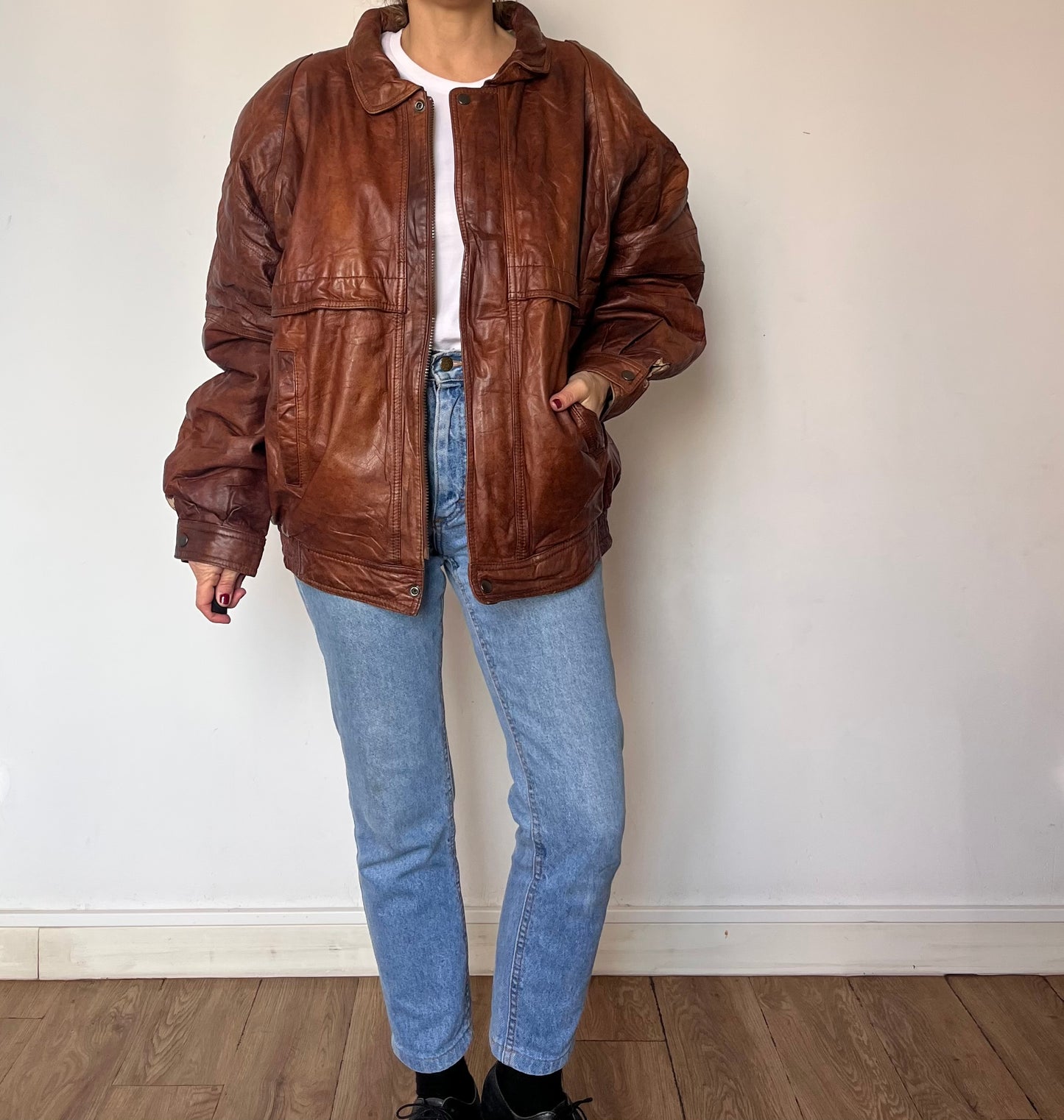 Vintage Brown Leather Bomber Jacket