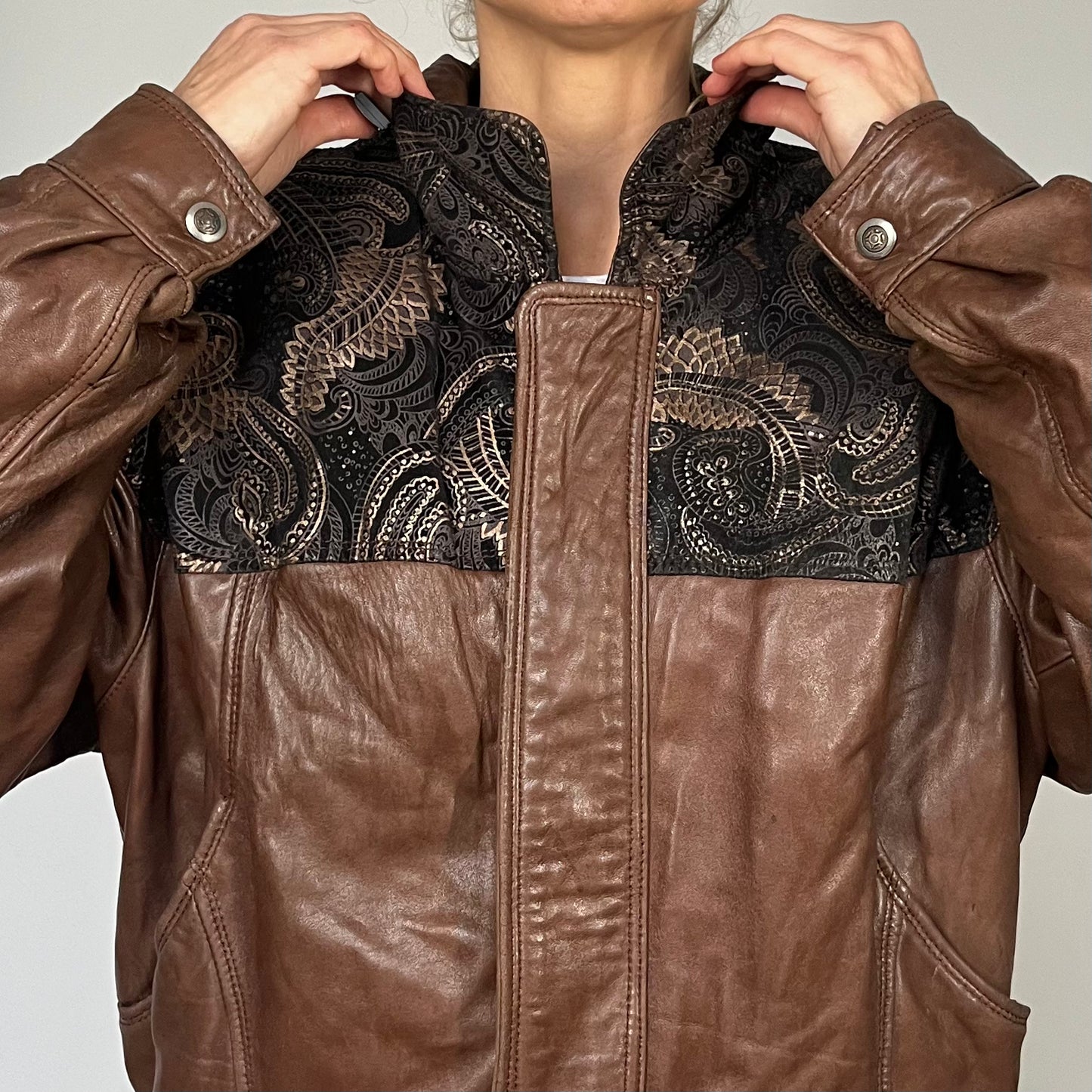Vintage leather Bomber jacket paisley details