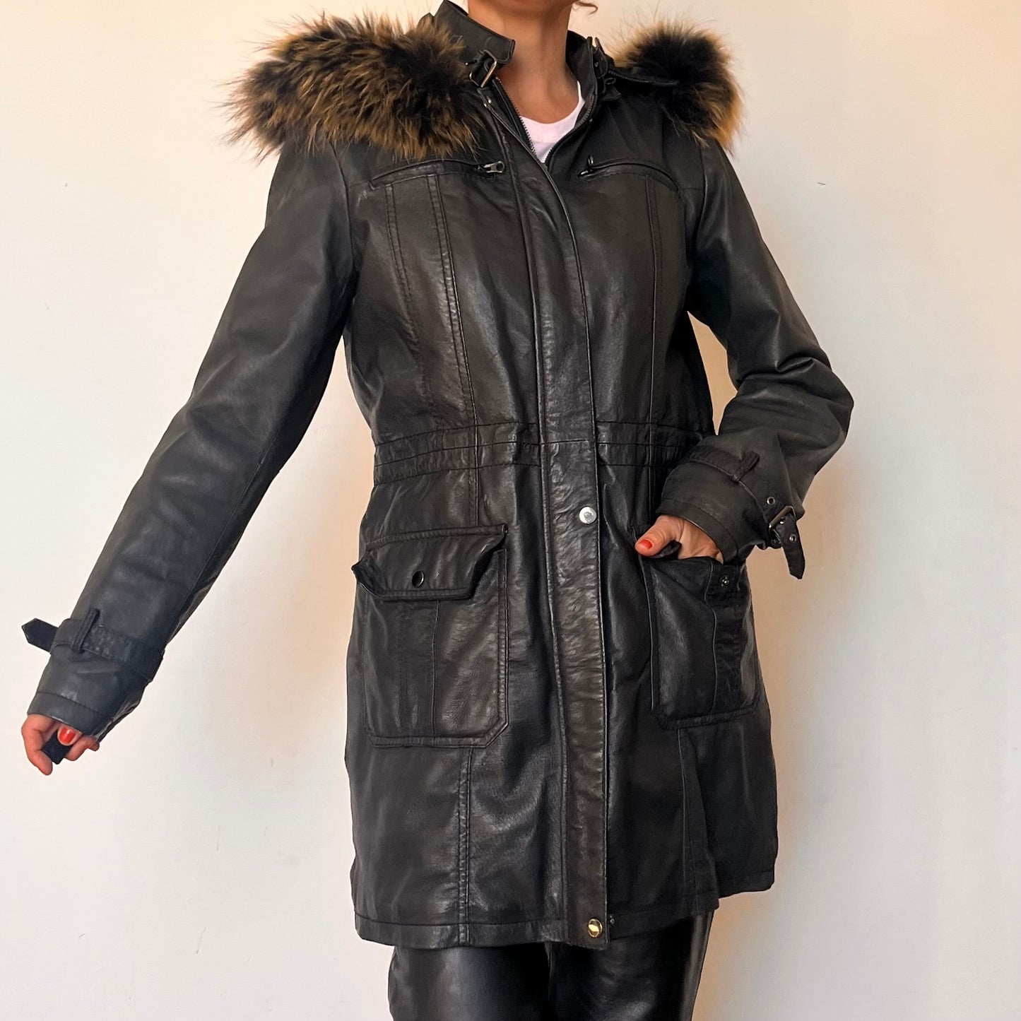 Black leather hooded jacket