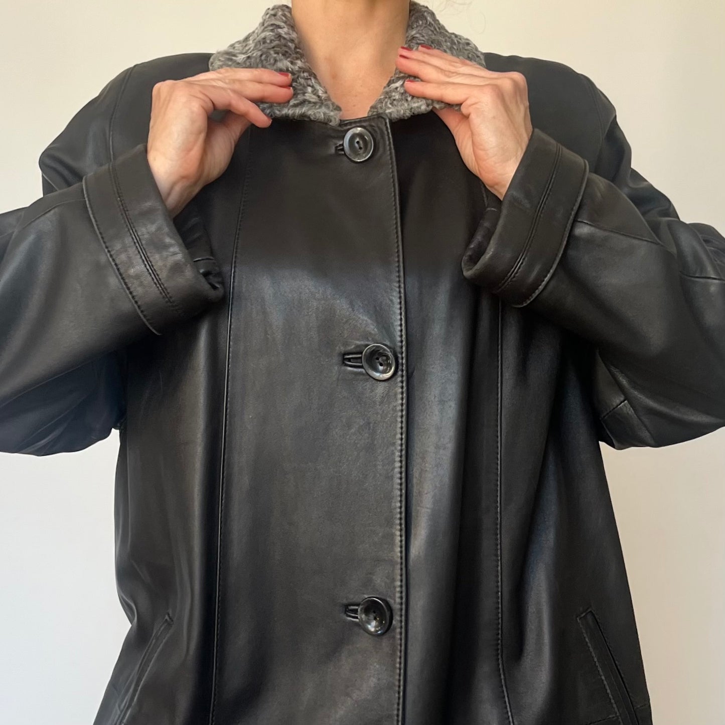 Vintage Leather trench coat with Faux Fur collar