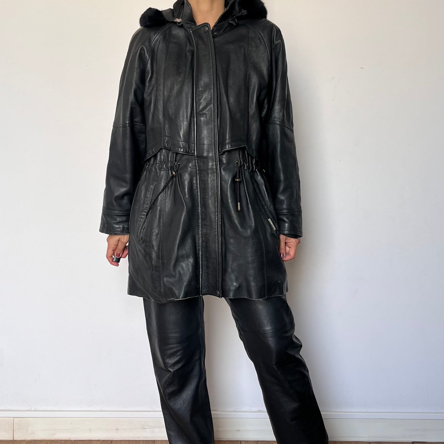 Vintage black leather hooded jacket
