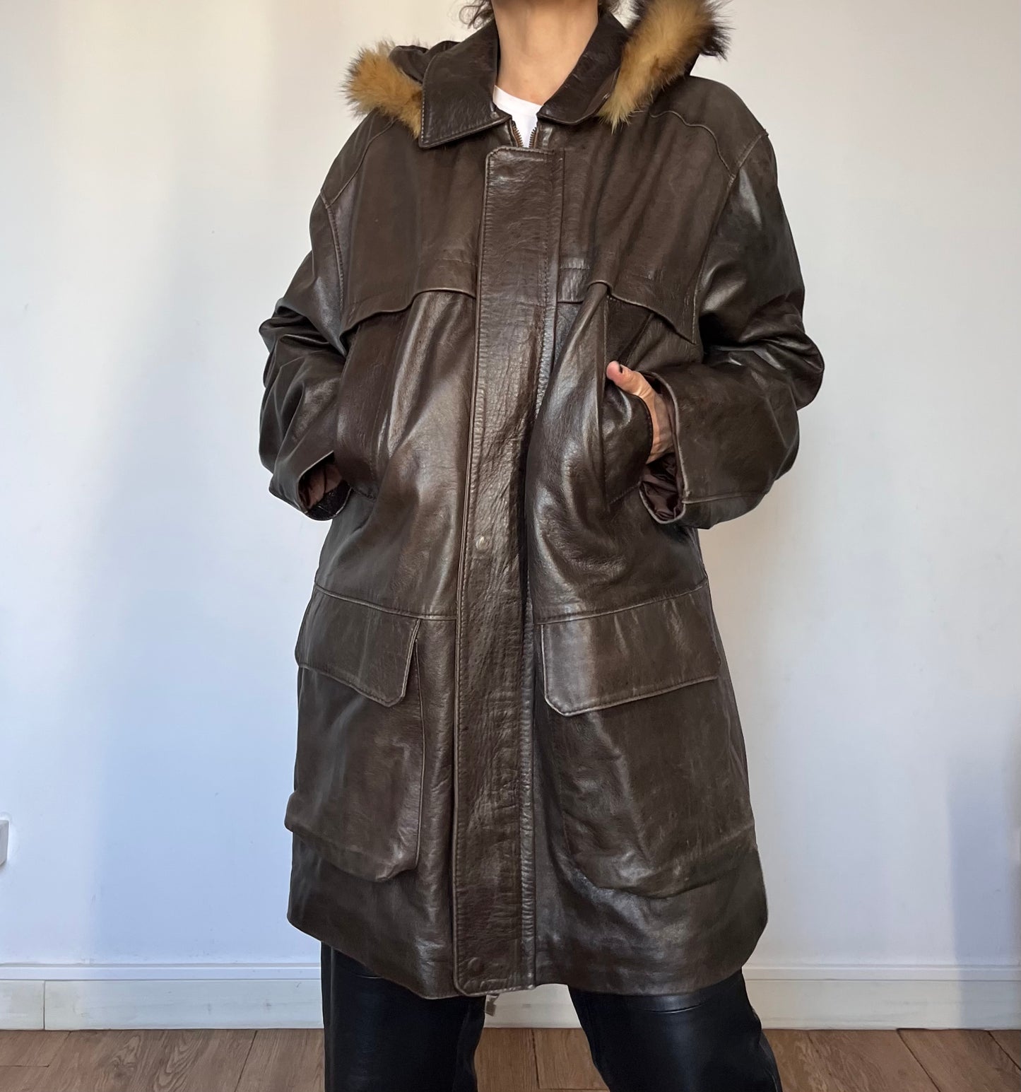 Brown leather hooded jacket