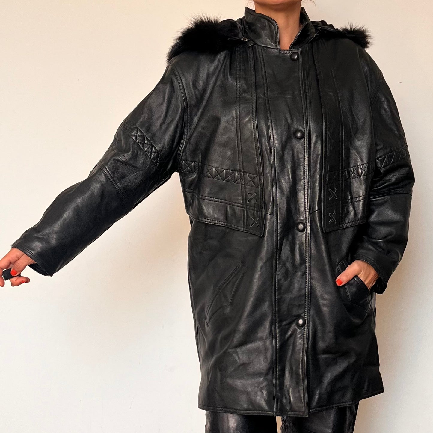 Vintage black leather hooded jacket