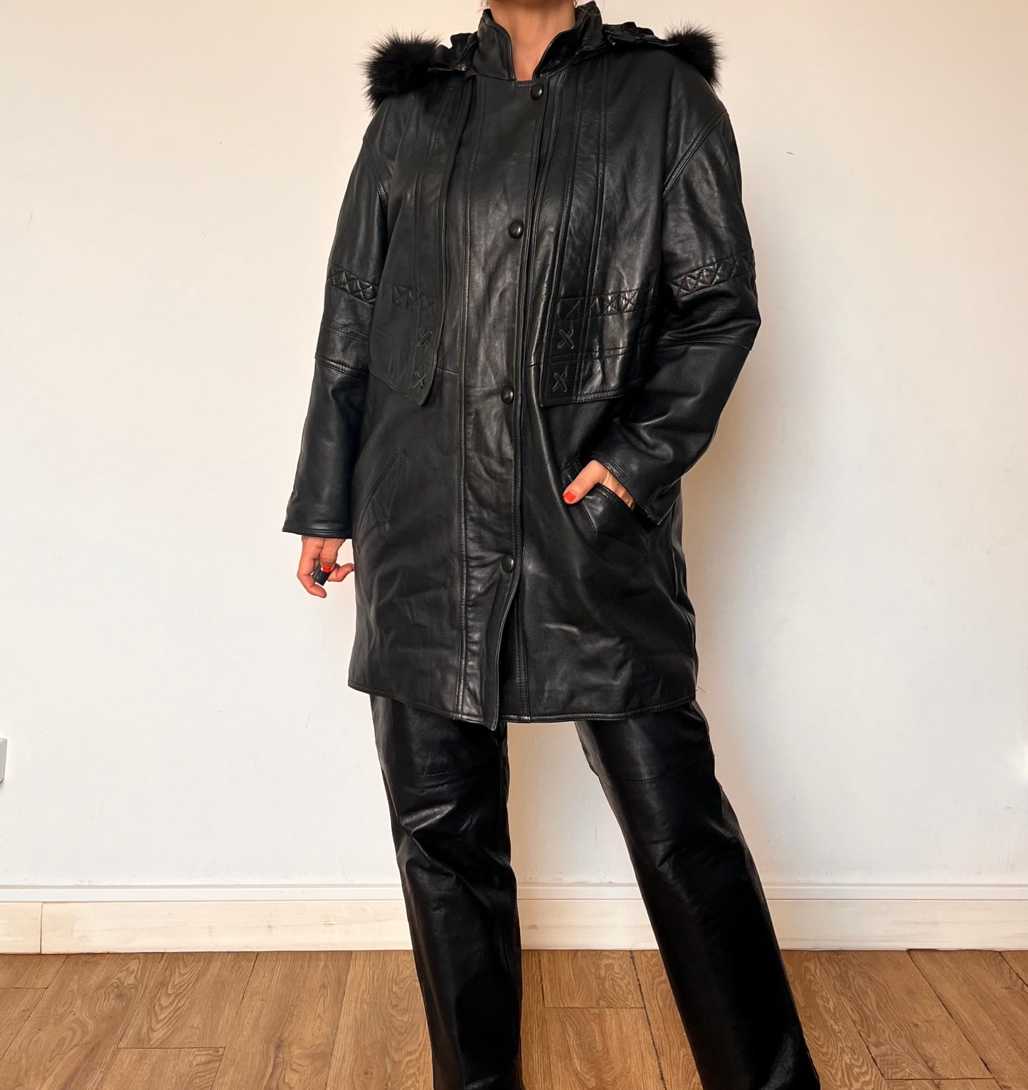 Vintage black leather hooded jacket