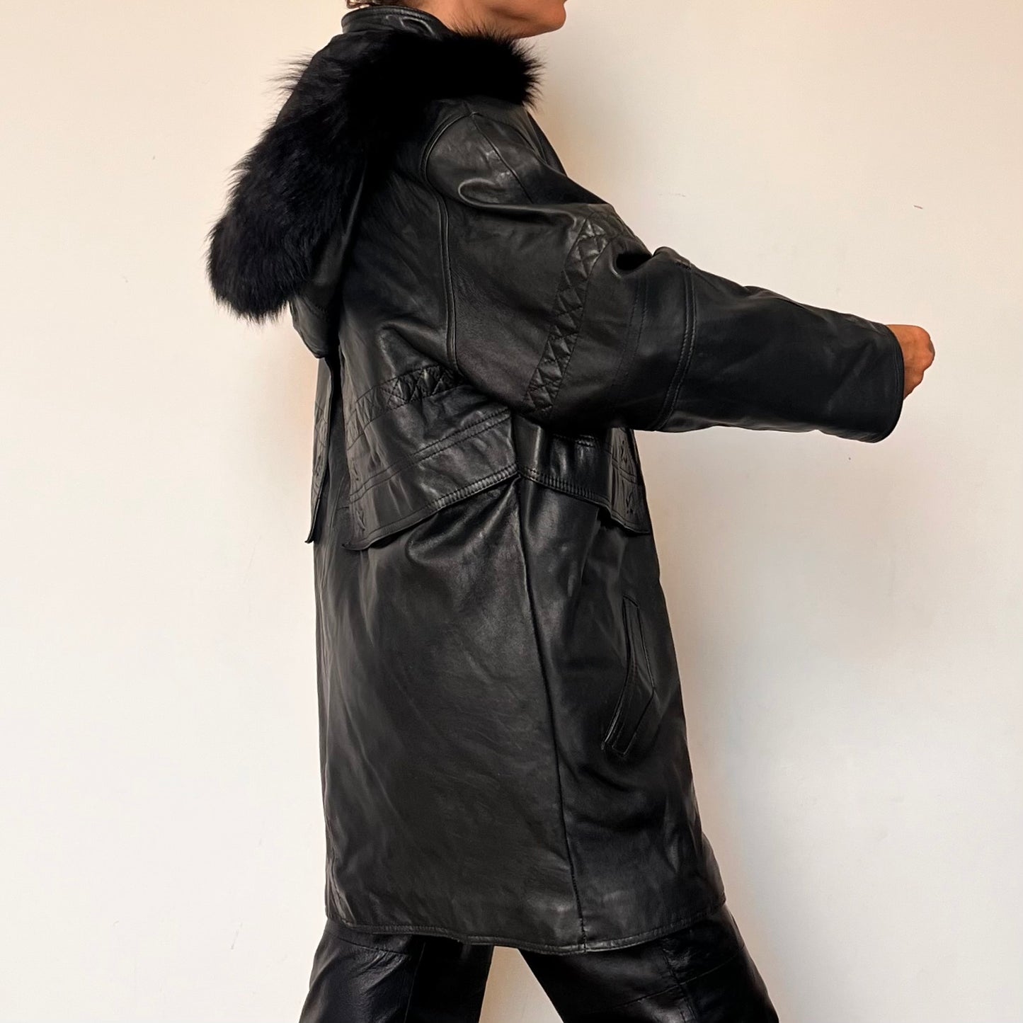 Vintage black leather hooded jacket
