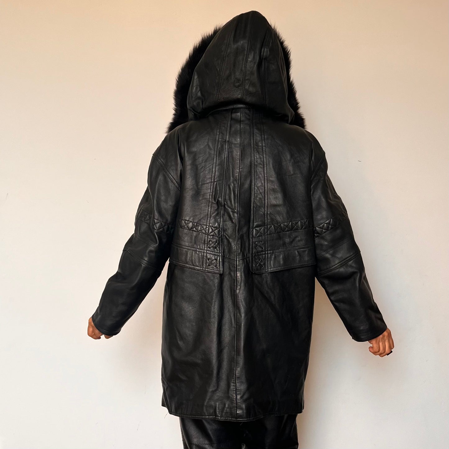 Vintage black leather hooded jacket