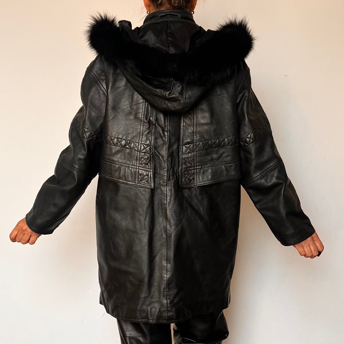 Vintage black leather hooded jacket