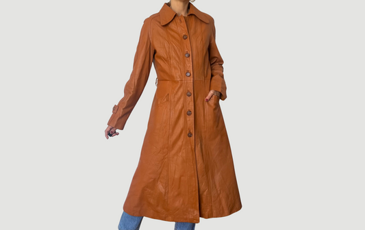 Vintage Brown leather Long Trench Coat
