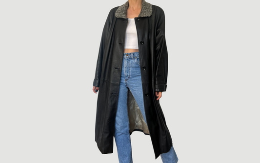 Vintage Leather trench coat with Faux Fur collar