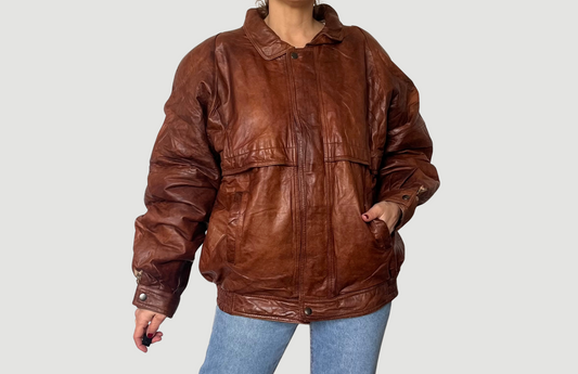 Vintage Brown Leather Bomber Jacket