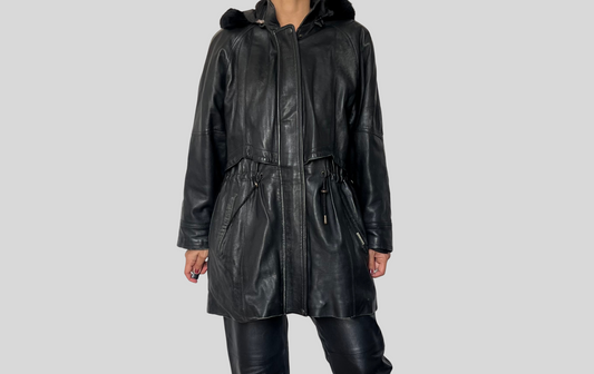 Vintage black leather hooded jacket