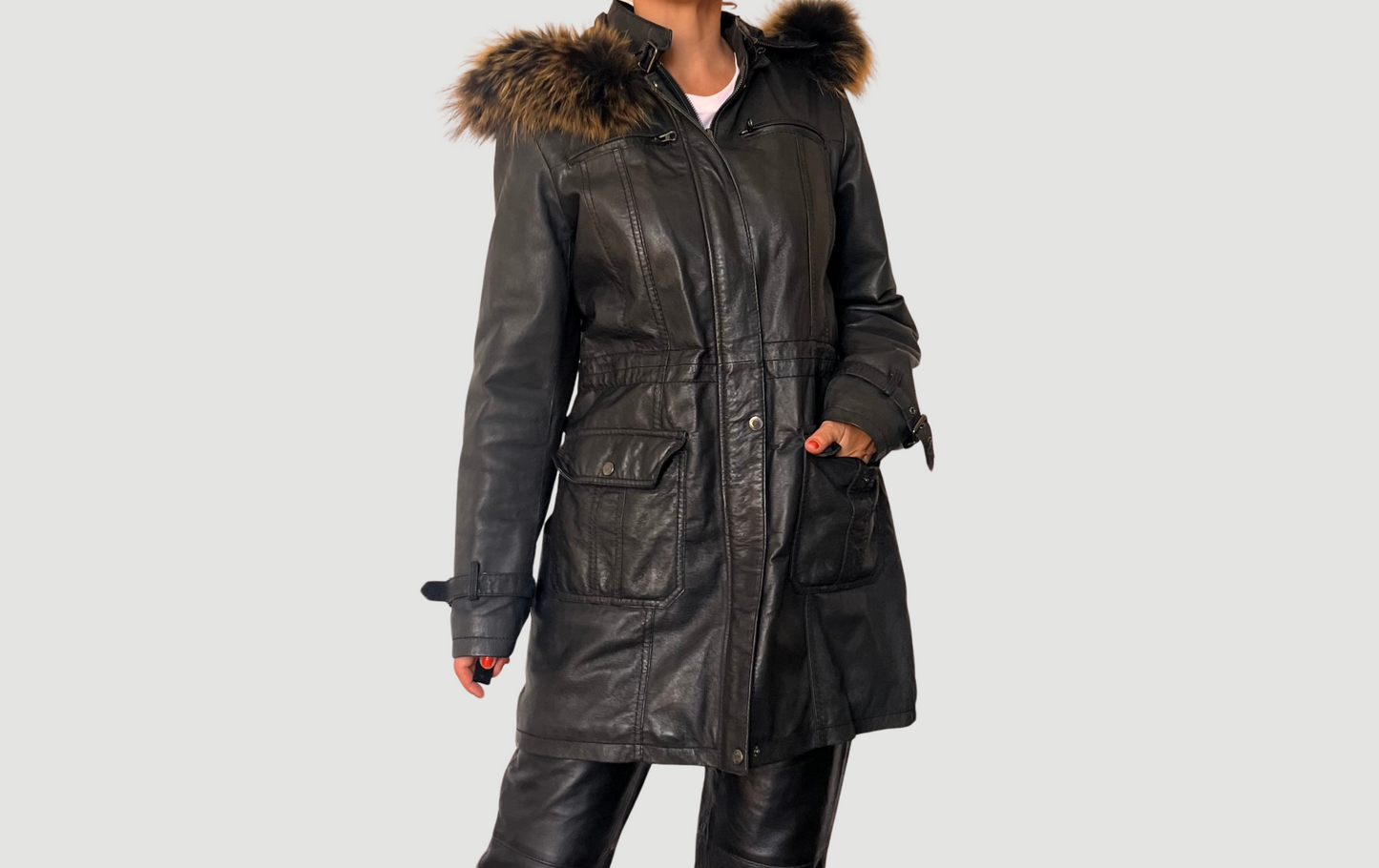 Black leather hooded jacket