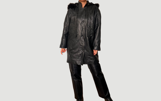 Vintage black leather hooded jacket