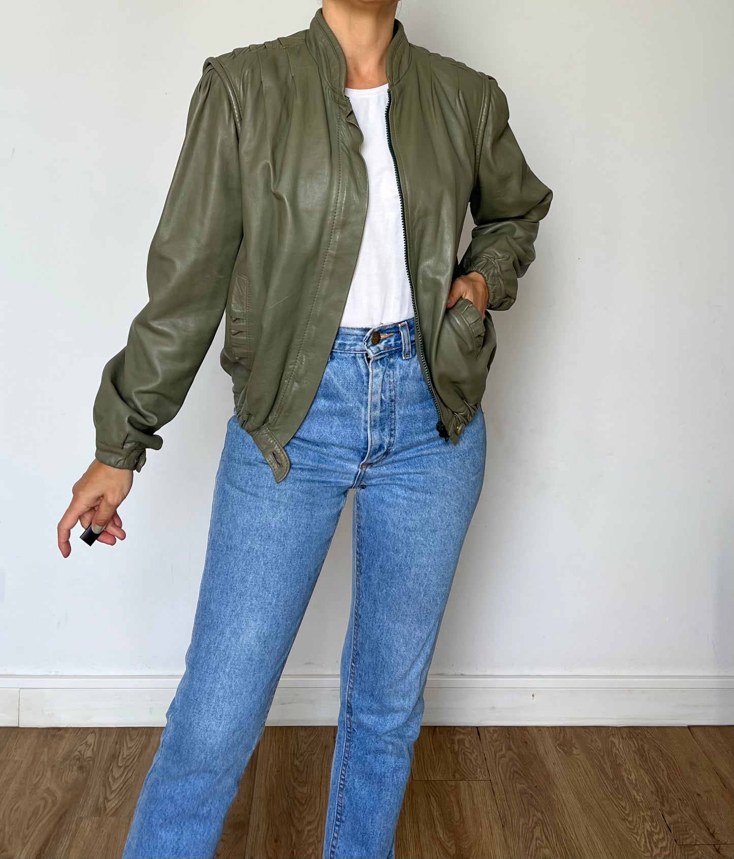Green leather bomber jacket