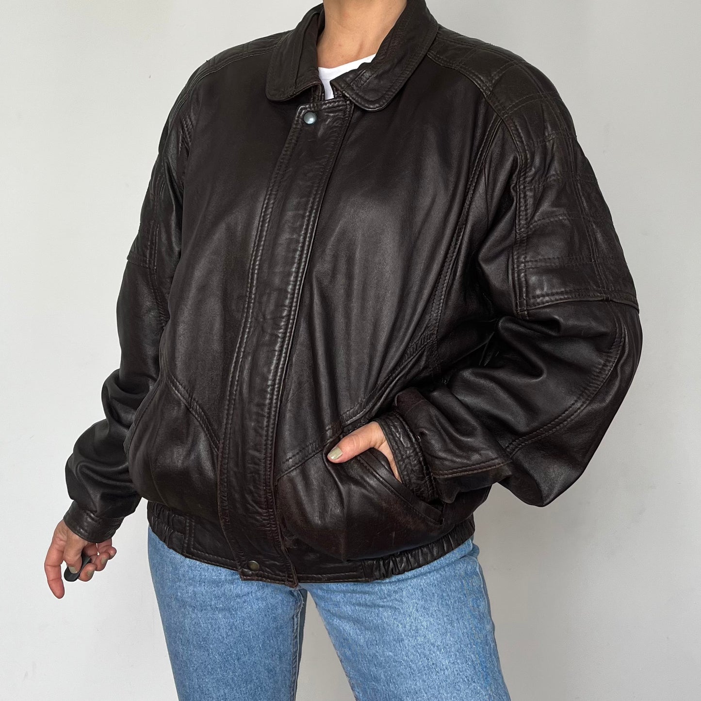 Dark Brown leather Bomber jacket