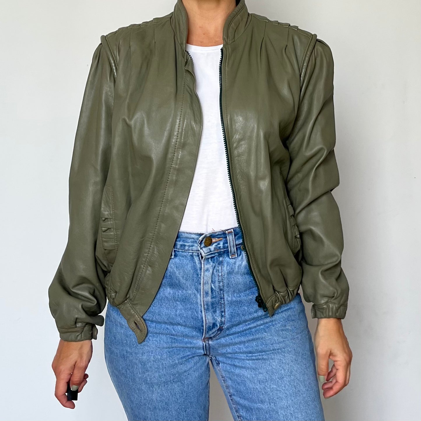 Green leather bomber jacket