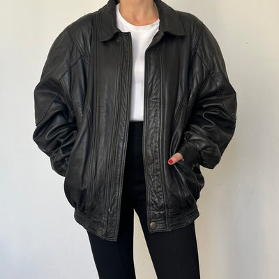 Vintage Black Leather Bomber Jacket