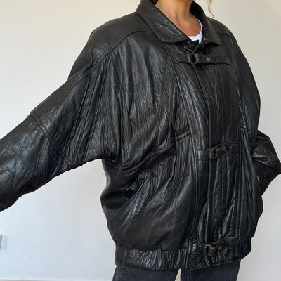 Vintage Black Leather Bomber Jacket