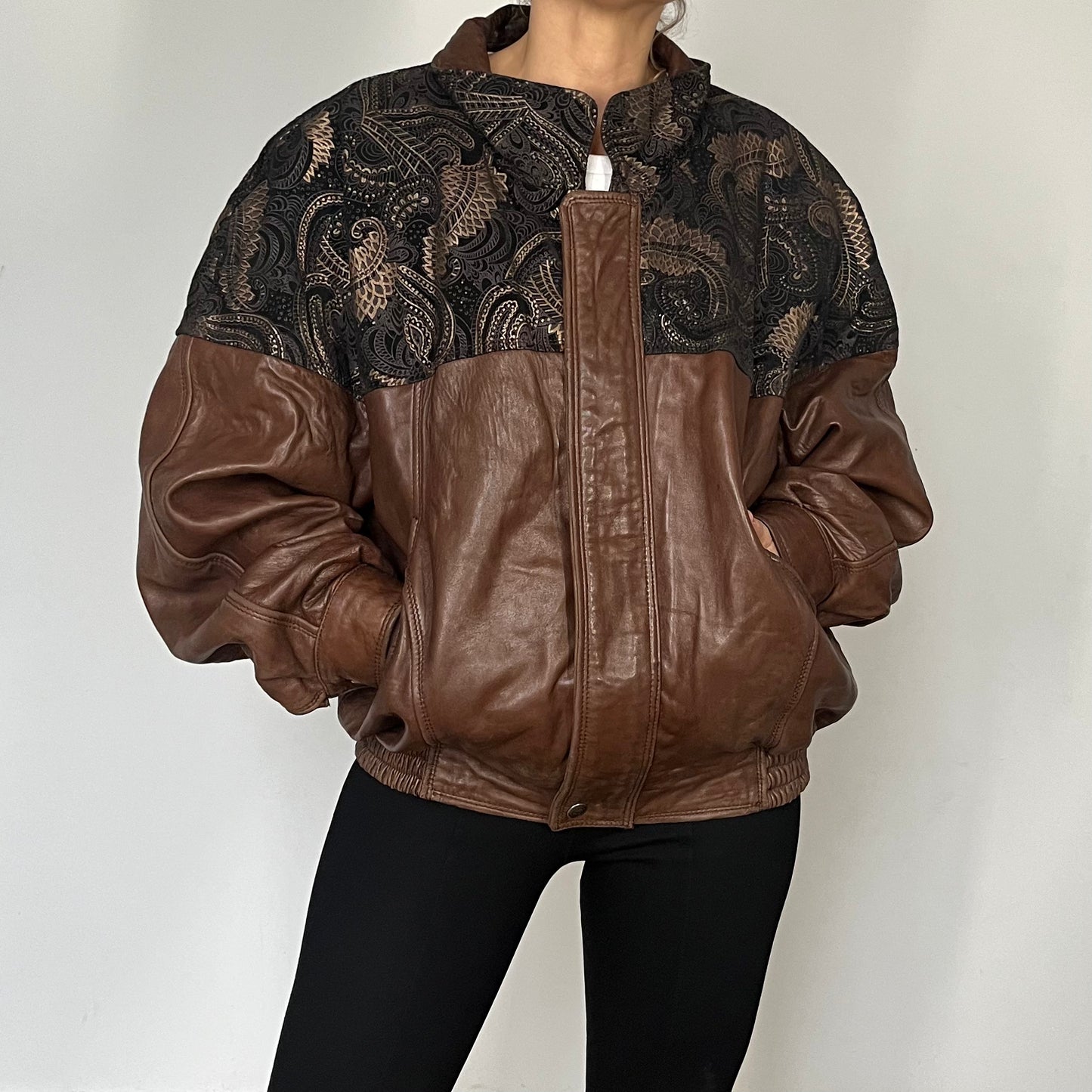 Vintage leather Bomber jacket paisley details