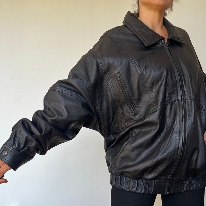 Vintage Black Leather Bomber Jacket