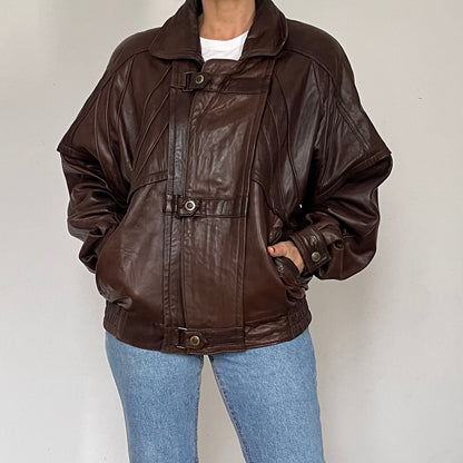 Vintage Brown Leather Bomber Jacket