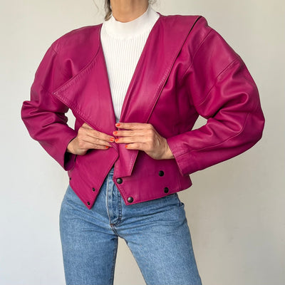 Vintage Fucsia crop Leather Bomber Jacket