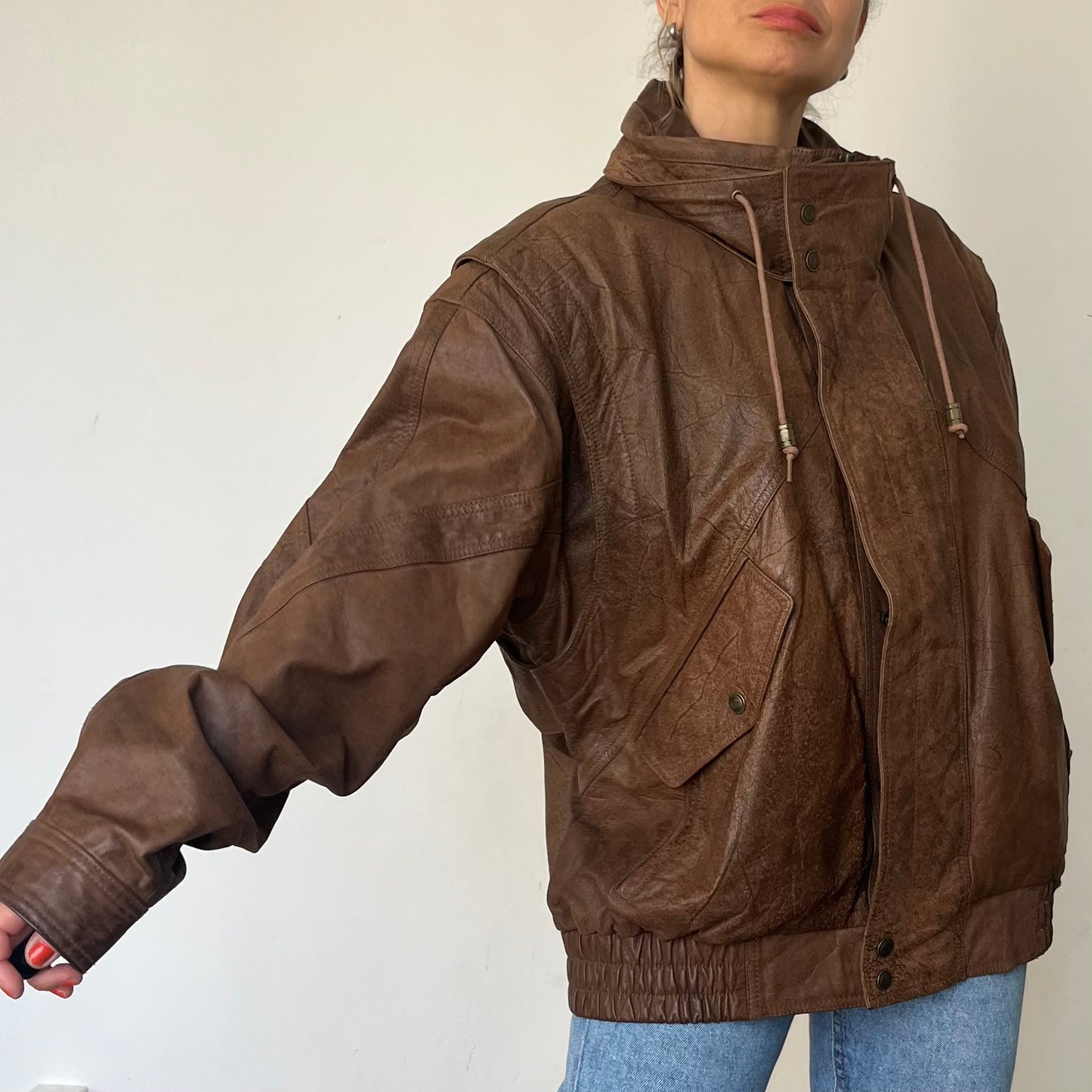 Vintage Brown Leather Bomber Jacket