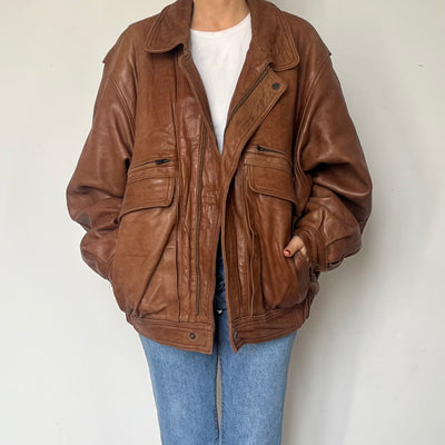 Vintage Brown Leather Bomber Jacket