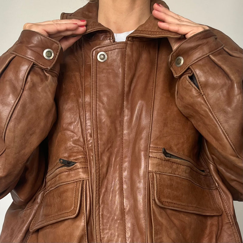 Vintage Brown Leather Bomber Jacket