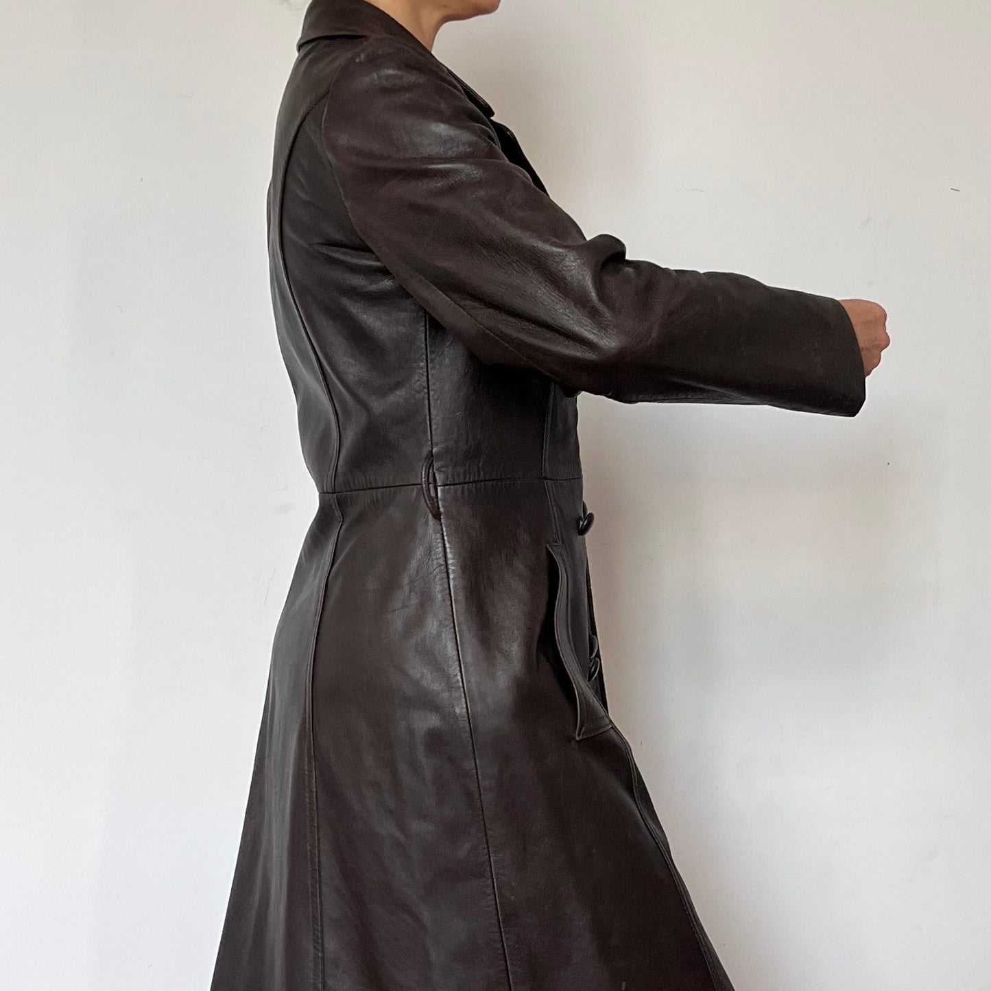 Vintage brown leather long trench coat