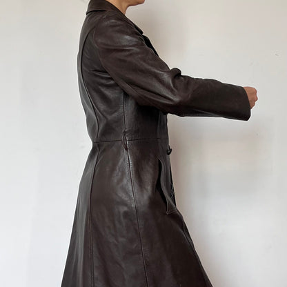 Vintage brown leather long trench coat