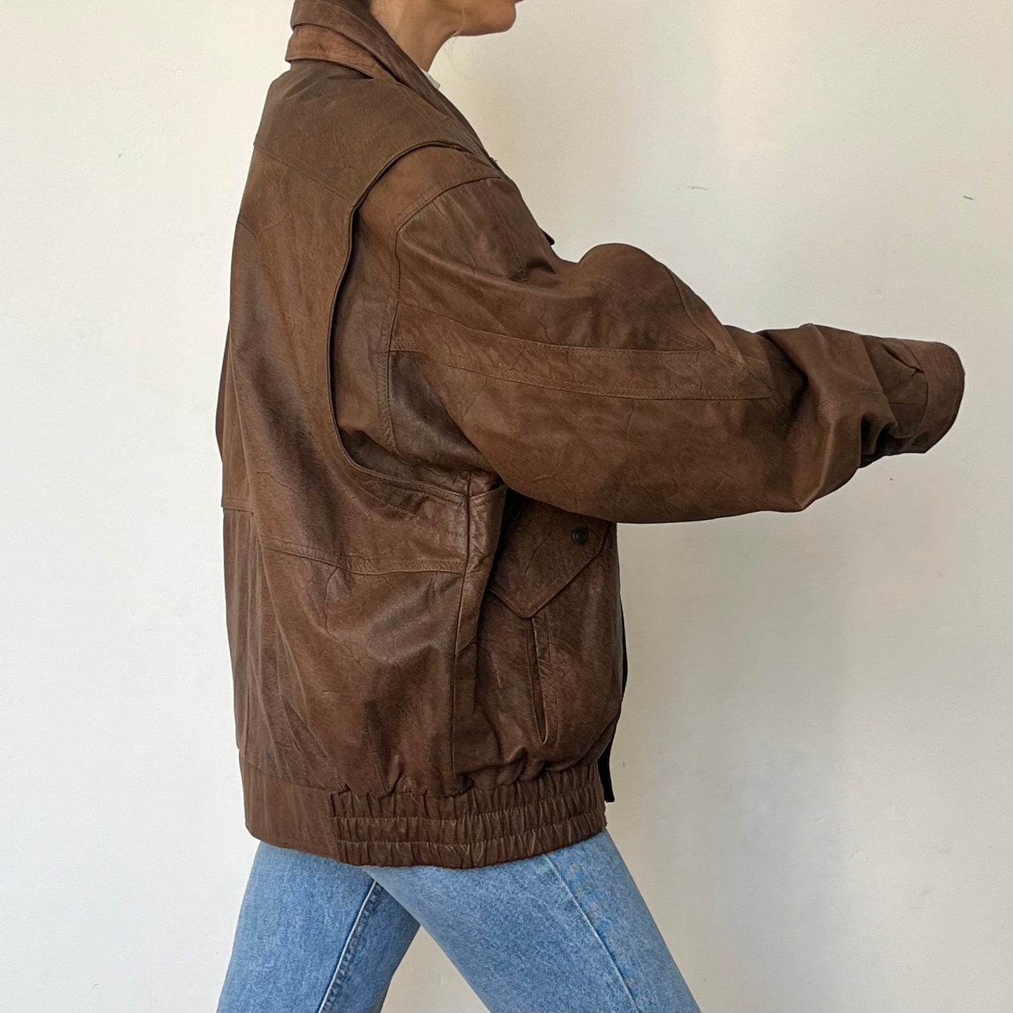 Vintage Brown Leather Bomber Jacket