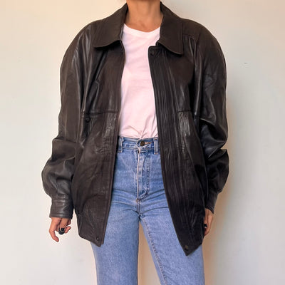 Vintage Brown Leather Bomber Jacket