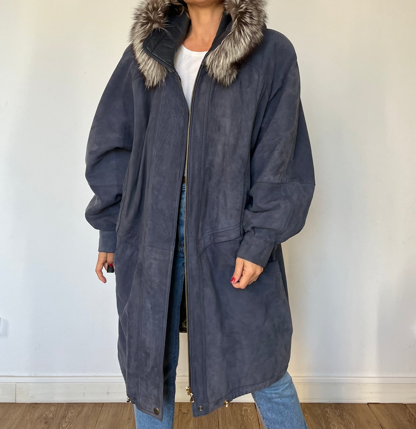 Vintage Blue Suede leather hooded jacket