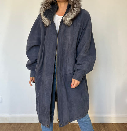 Vintage Blue Suede leather hooded jacket