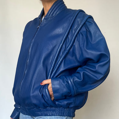 Vintage Blue Leather Bomber Jacket