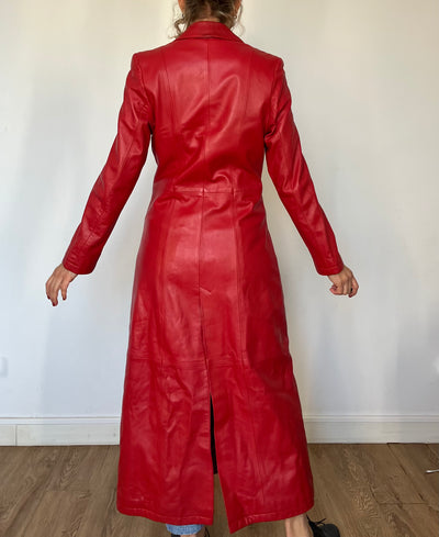 Vintage red Leather long Trench coat