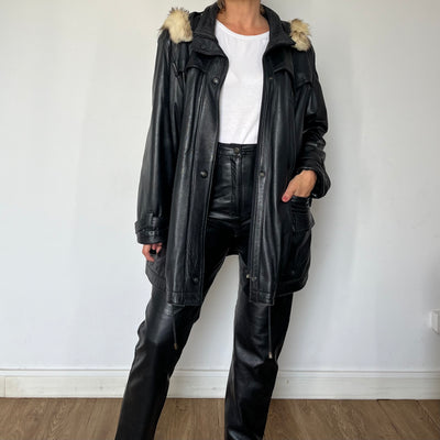 Vintage Woman black Leather parka Jacket with hood