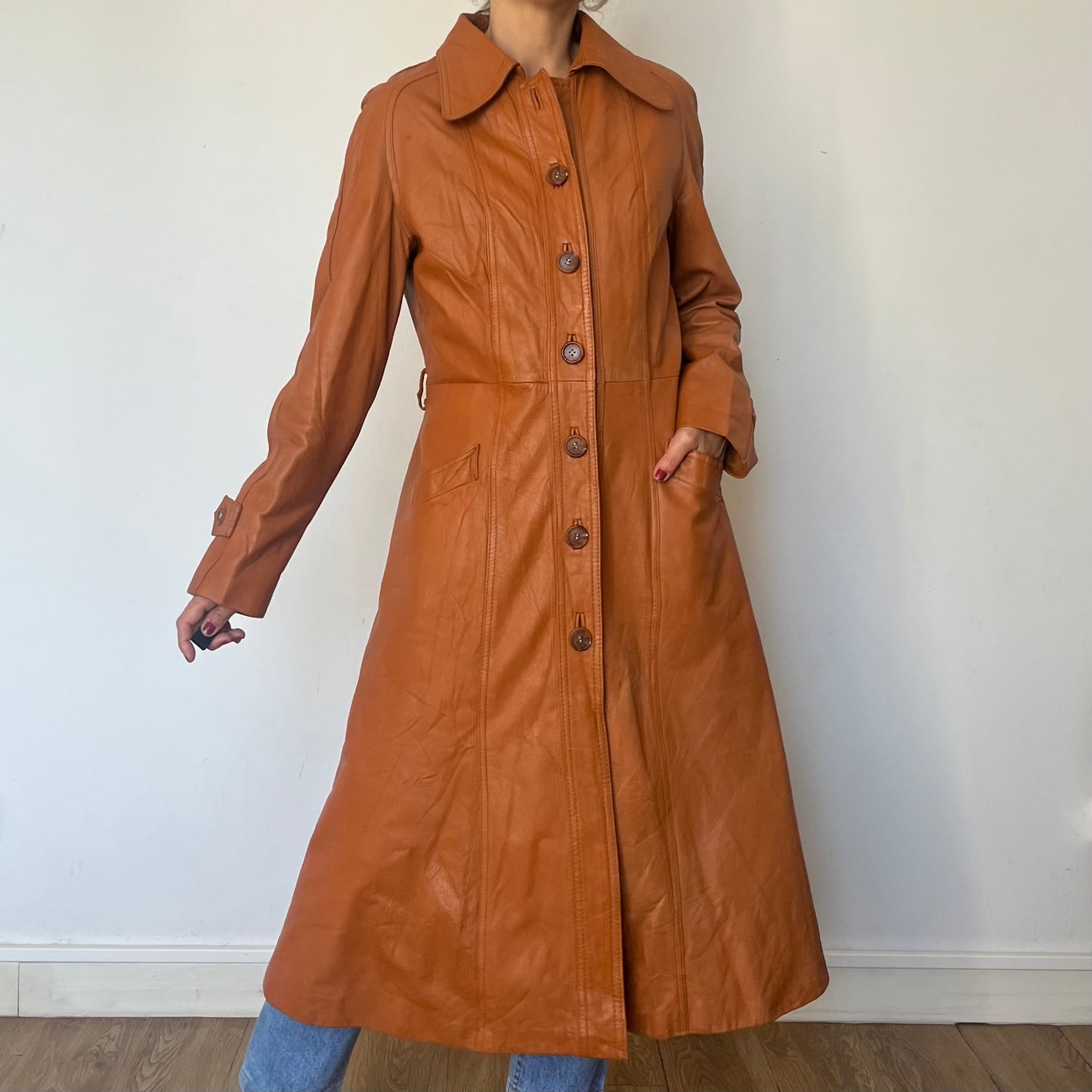 Vintage Brown leather Long Trench Coat