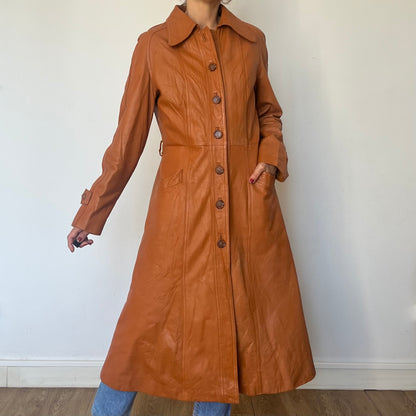 Vintage Brown leather Long Trench Coat