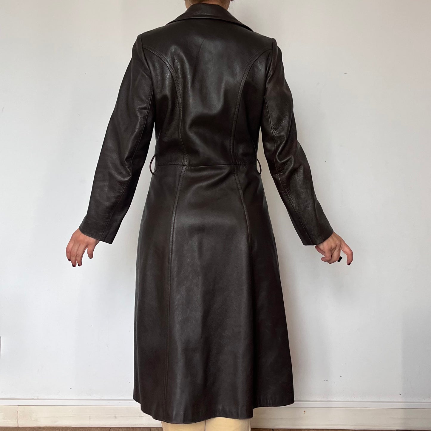 Vintage brown leather long trench coat