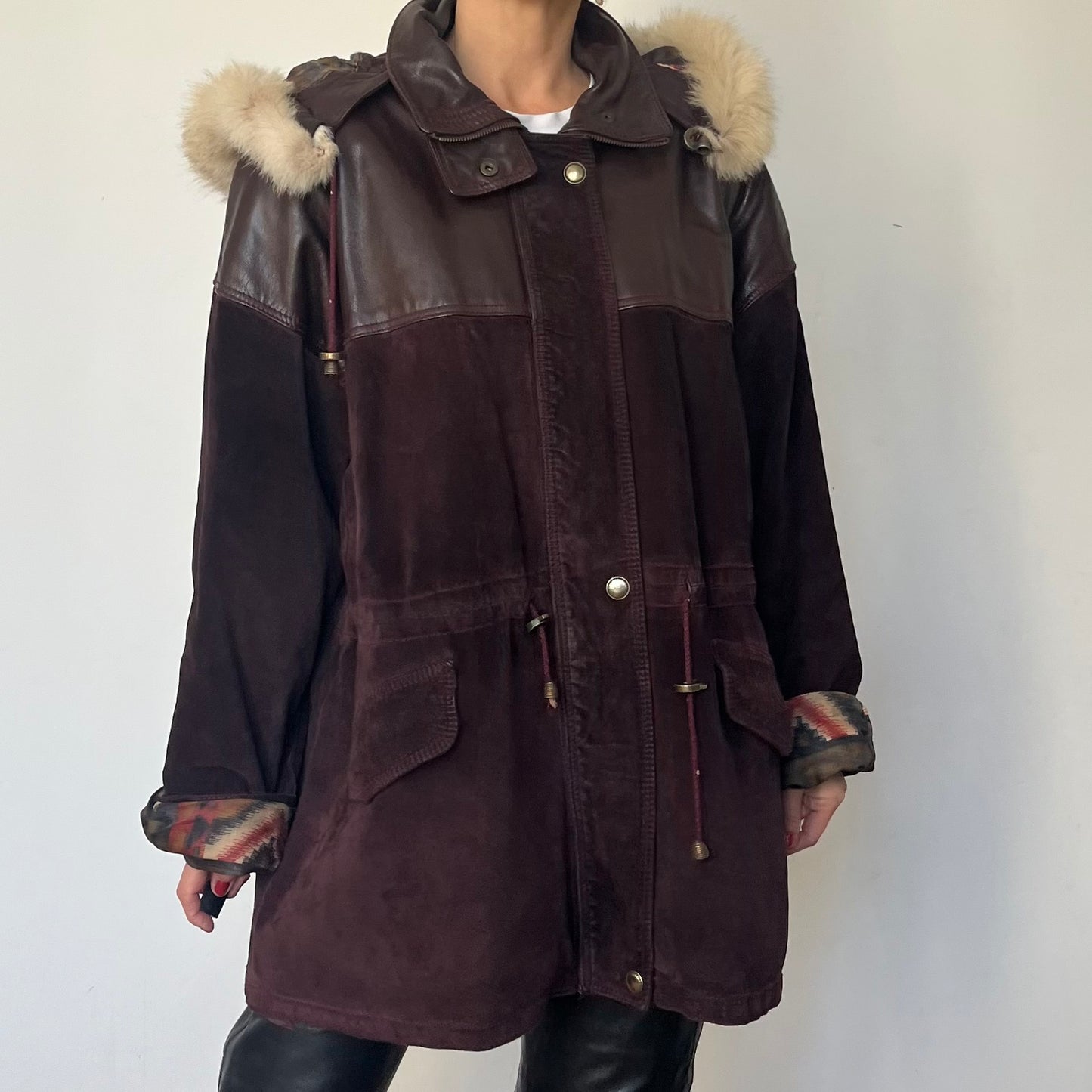 Vintage Burgundy leather hooded jacket