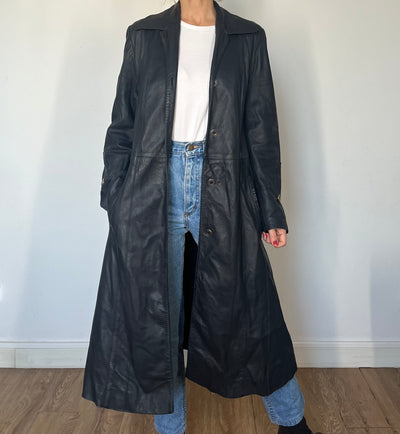 Vintage dark blue leather Long Trench Coat